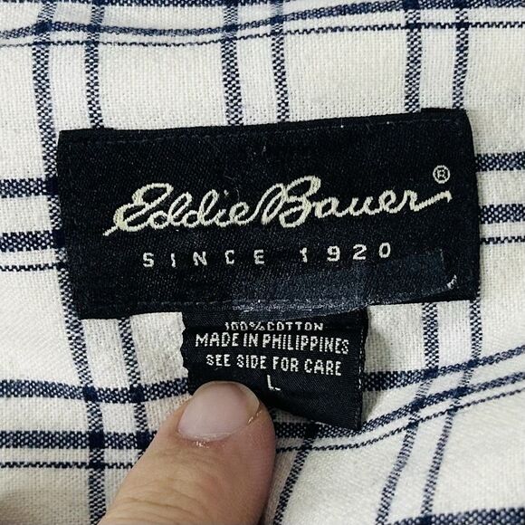 Eddie Bauer Large Cotton Twill Shirt White Blue Plaid Casual Button Down - Picture 3 of 6